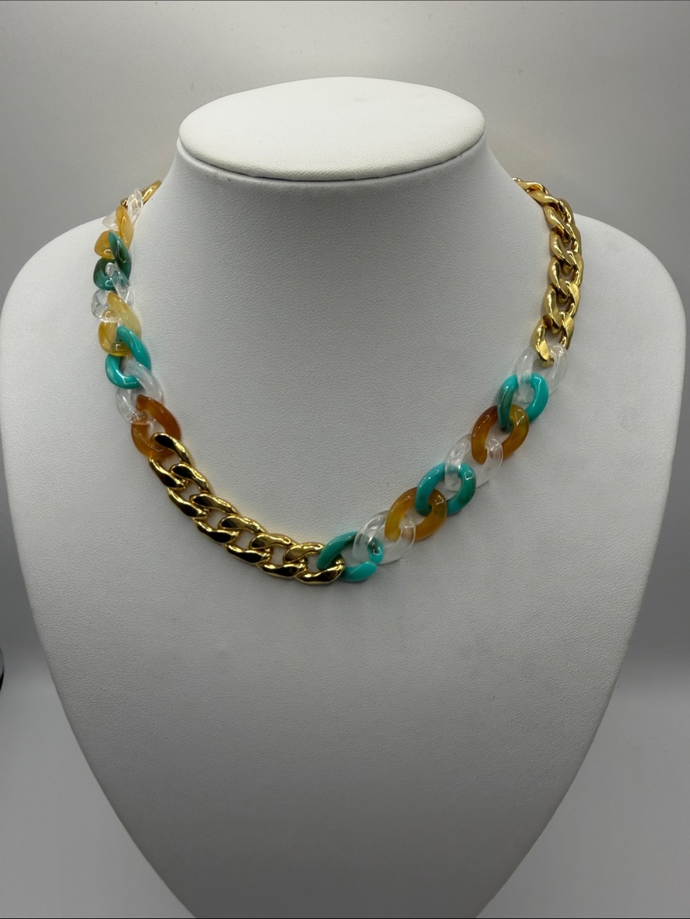 161. Gold Chain Necklace with Turquoise and Amber Resin Links. 16” - 18”